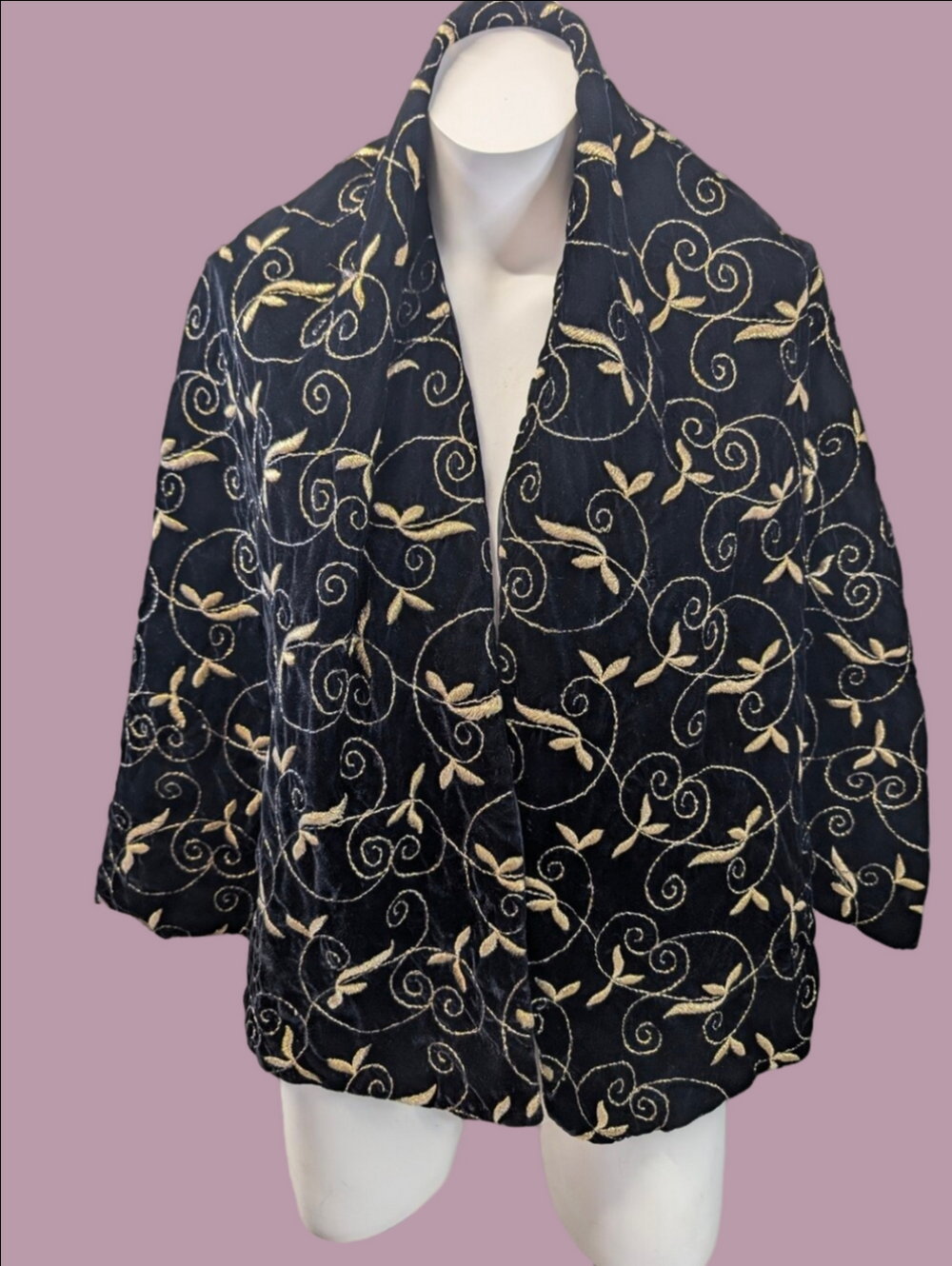 Vintage Wrap/ Scarf- Opera Black Velvet Gold Embroidered Vine Pattern 1980s